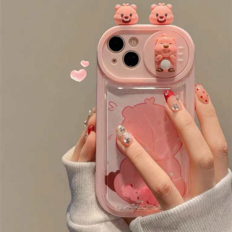 卡通立体流沙适用iPhone15手机壳15promax推拉镜头14女款防摔套13