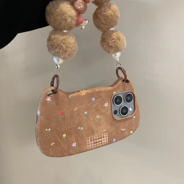 秋冬皮革小碎花手提包适用ihone16promax苹果15pro手机壳14软13女