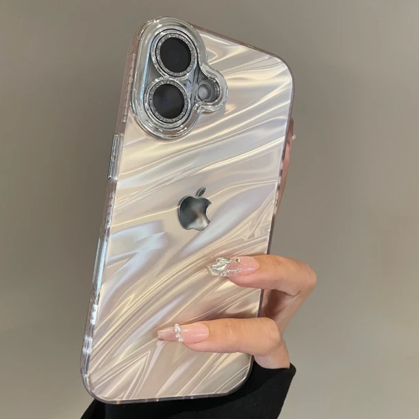 新款高级水波纹适用iPhone16手机壳15带闪粉镜头膜15pro情侣13/14