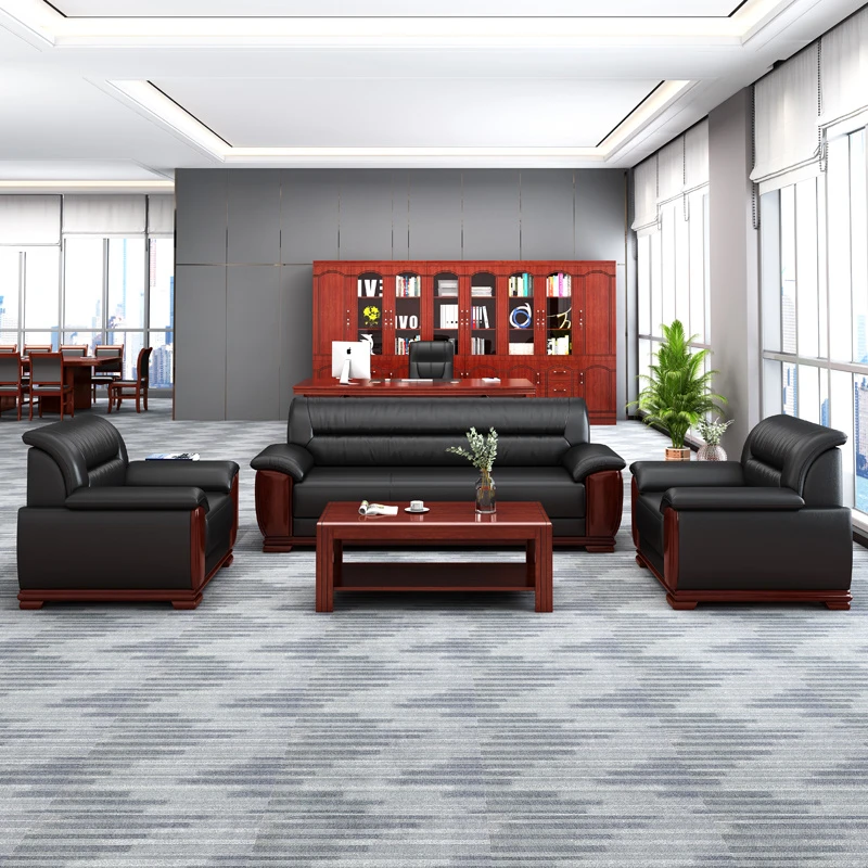 814#办公室沙发茶几组合会客商务接待现代新中式西皮真皮舒适沙发