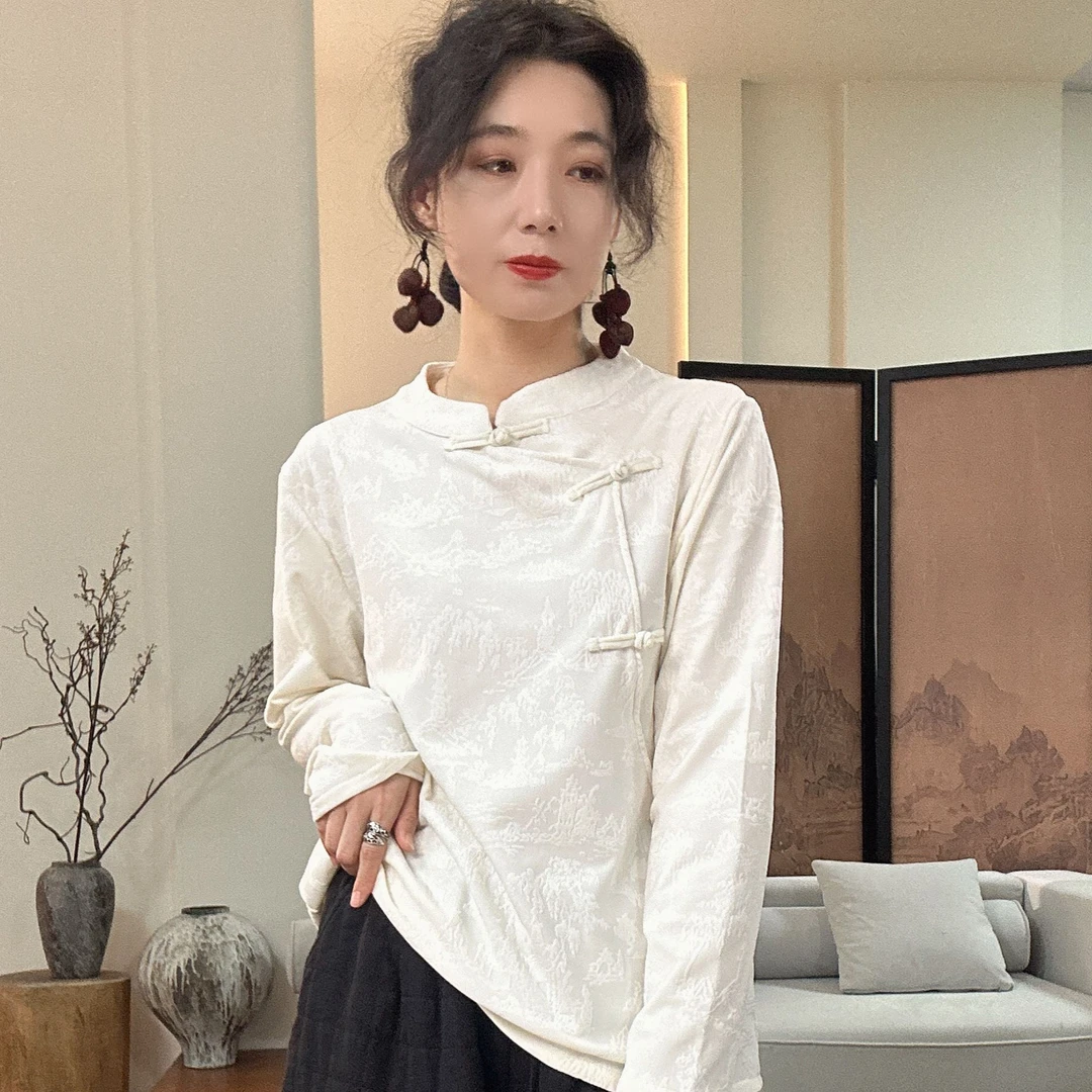 秋冬新款丝绒立领新中式个性显瘦上衣复古中国风提花斜襟长袖气质