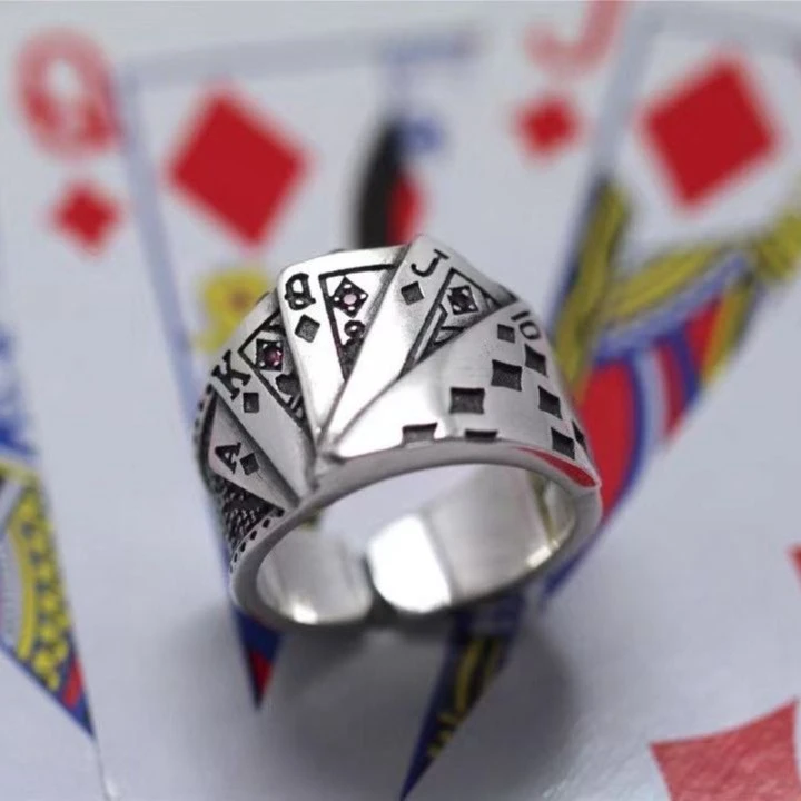 925银戒指 拜合提亚尔男士时尚扑克牌纯银戒指开口个性宽版霸气