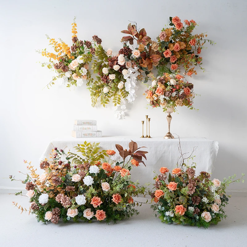 秋色系婚礼装饰仿真花花艺 壁挂背景迎宾KT板布置地排花桌花假花