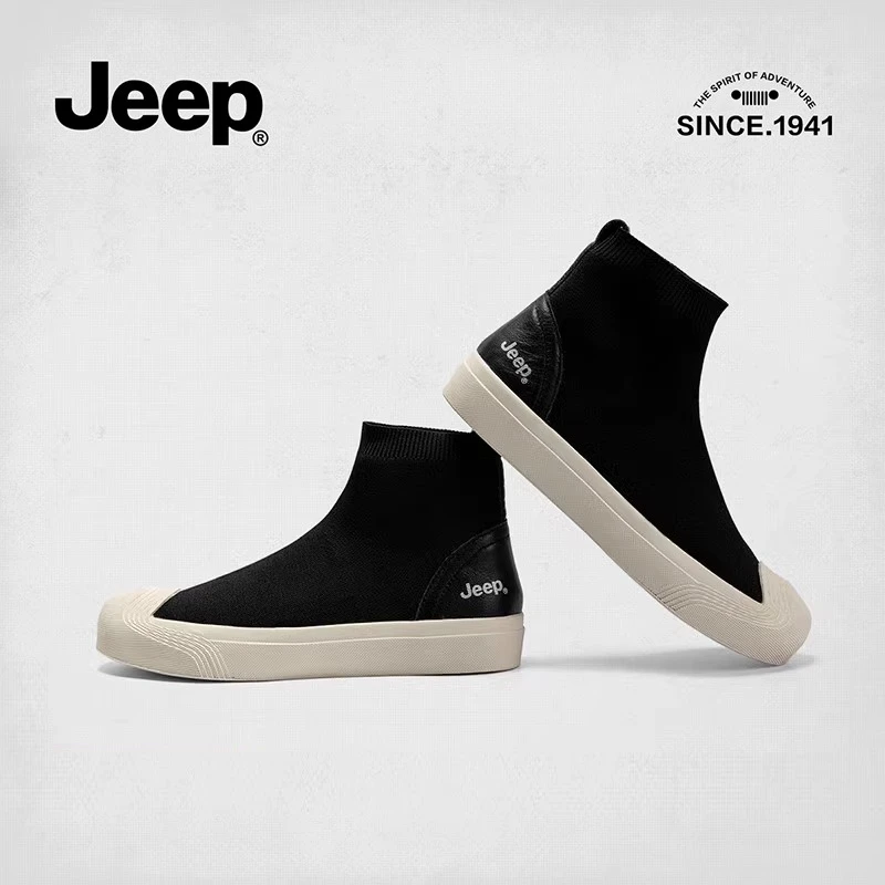 JEEP/吉普高帮飞织袜靴平底时尚百搭ins秋冬款弹力靴透气针织短靴