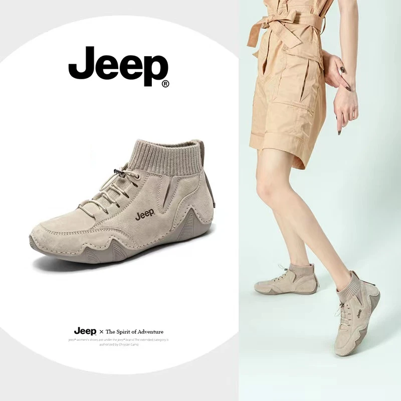 JEEP/吉普女鞋高帮马丁靴加绒针织弹力袜靴爆款女士真皮软底时尚