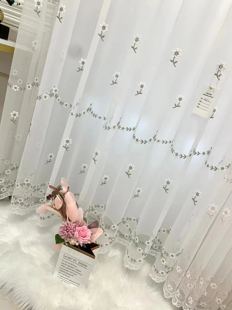 现代简约田园风绿色小花刺绣窗帘窗纱