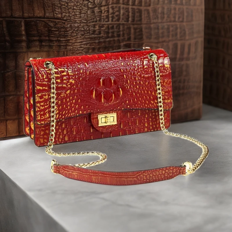 鳄鱼纹女包2024新款斜挎包女夏高级感小众小方包单肩轻奢真皮女包