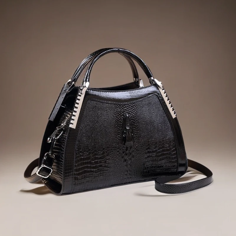 真皮鳄鱼纹女包欧美风格大气单肩手提包百搭妈妈包