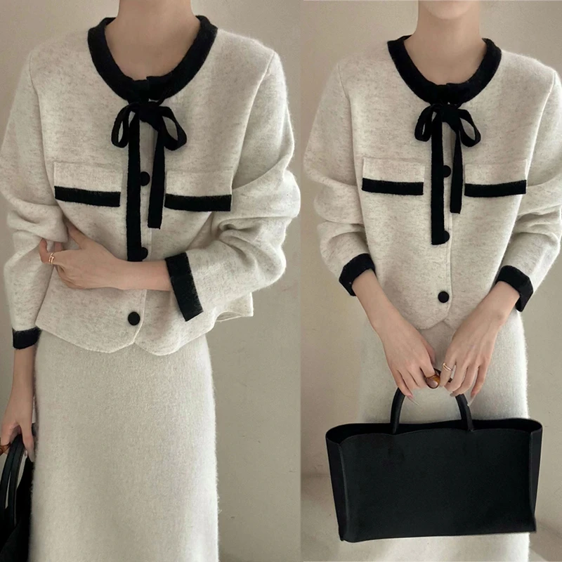 秋冬女减龄新款2024法式轻职小香风针织开衫搭配显瘦包臀裙两件套