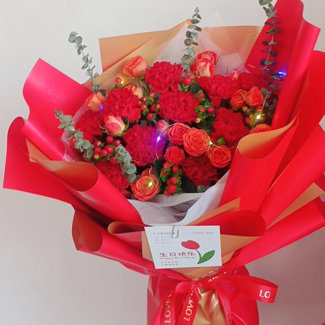 【健康快乐】彩灯＋11朵红康＋橙色芭比＋红豆＋尤加利叶混搭