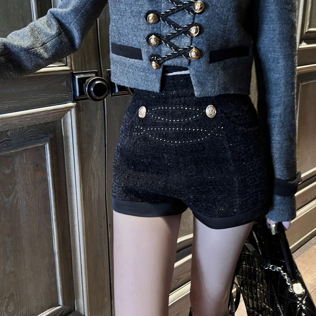 FBB limit新款百搭短裤羊毛双面缎拼接小香编织裤子显瘦D234865G