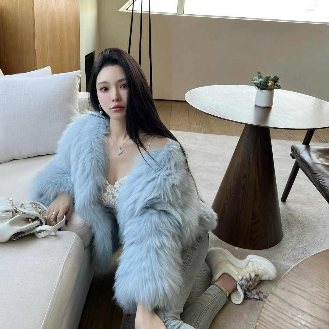 FBB limit两色温柔纯手工双面编织显瘦V领狐狸毛温暖外套D234145P