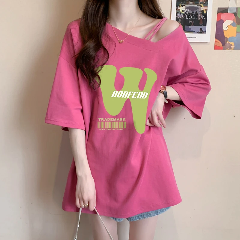 夏季宽松中长款短袖T恤女2024爆款韩版时尚网红小众斜肩半袖上衣