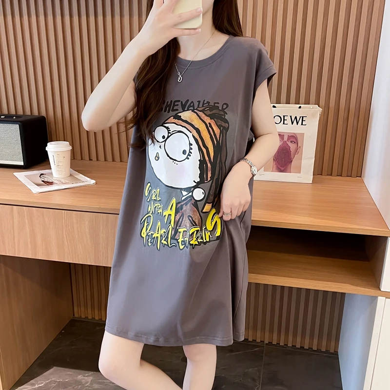 卡通印花无袖背心连衣裙女夏季2024爆款宽松慵懒风休闲显瘦T恤裙