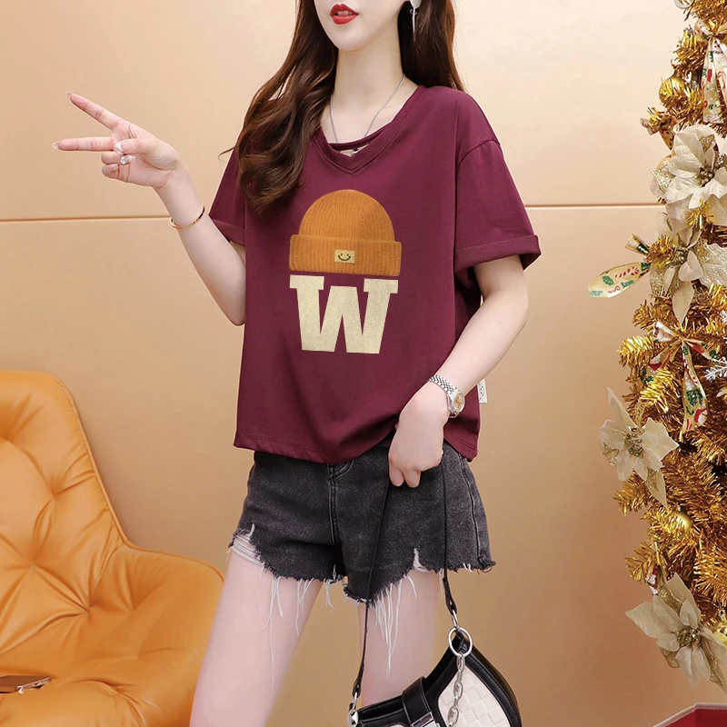 夏季纯棉短袖T恤女2024新款宽松休闲洋气小个子高腰短款V领上衣潮
