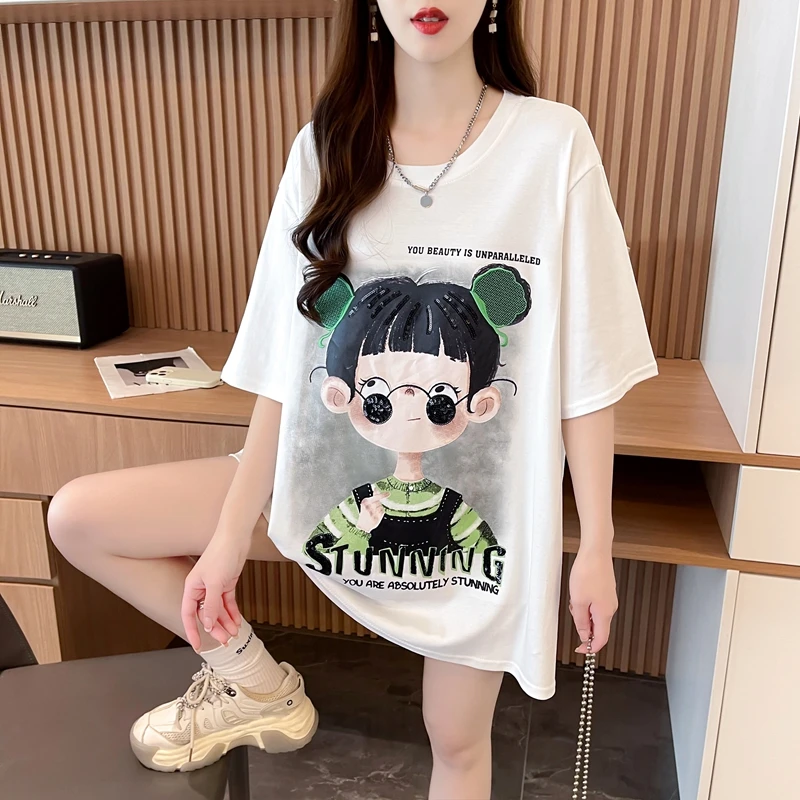 夏季宽松大码短袖T恤女2024新款爆款网红设计感重工刺绣亮片上衣