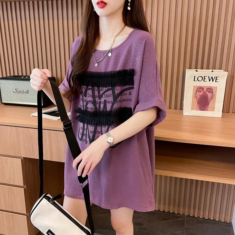 设计感亮闪闪短袖T恤女夏季2024爆款宽松大码时尚网红炸街上衣ins