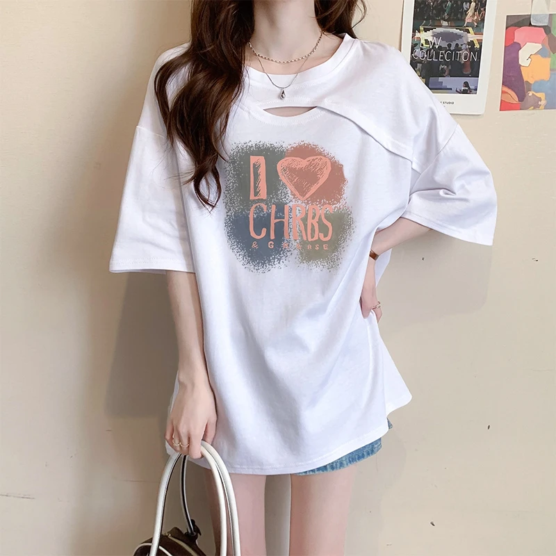 夏季宽松百搭设计感镂空短袖T恤女2024新款爆款时尚大码圆领上衣