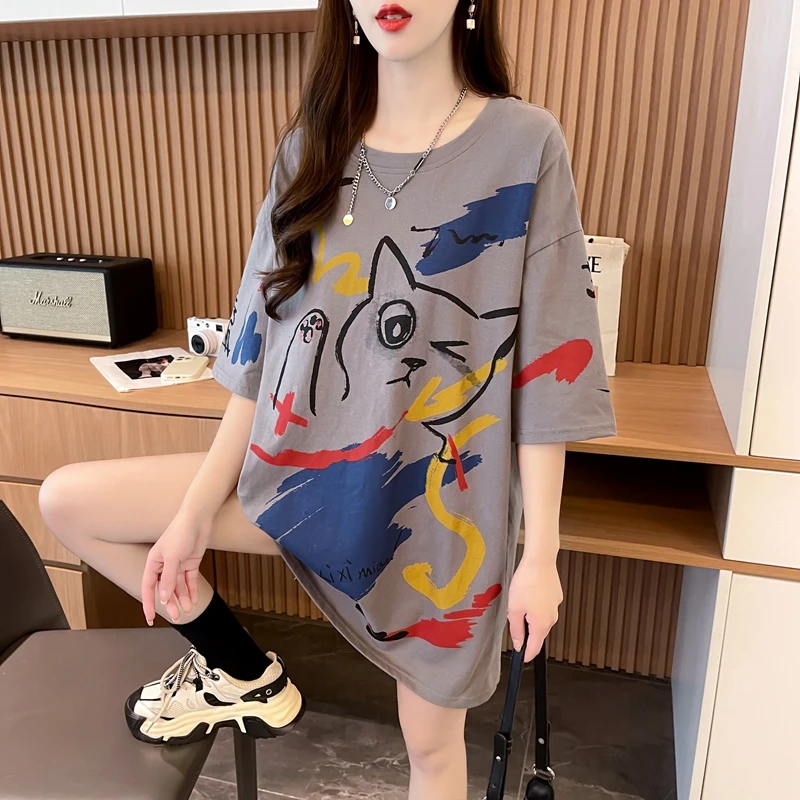 夏季网红款卡通涂鸦短袖T恤女2024新款爆款宽松大版微胖百搭上衣