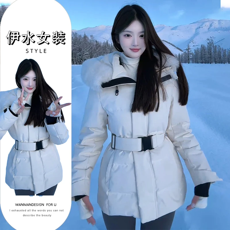 韩系极简工装户外羽绒棉服女2024冬季新款加厚保暖收腰滑雪派克服