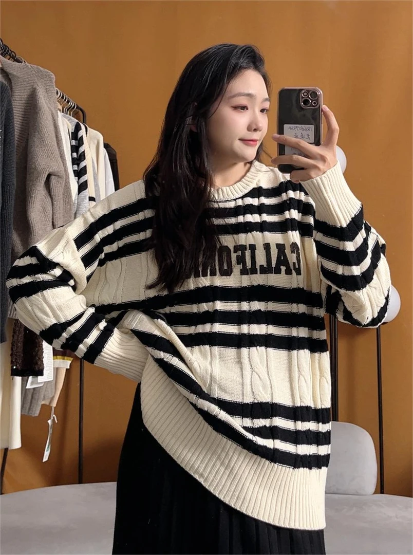 2024设计师款字母横条纹拼接毛衣百搭慵懒