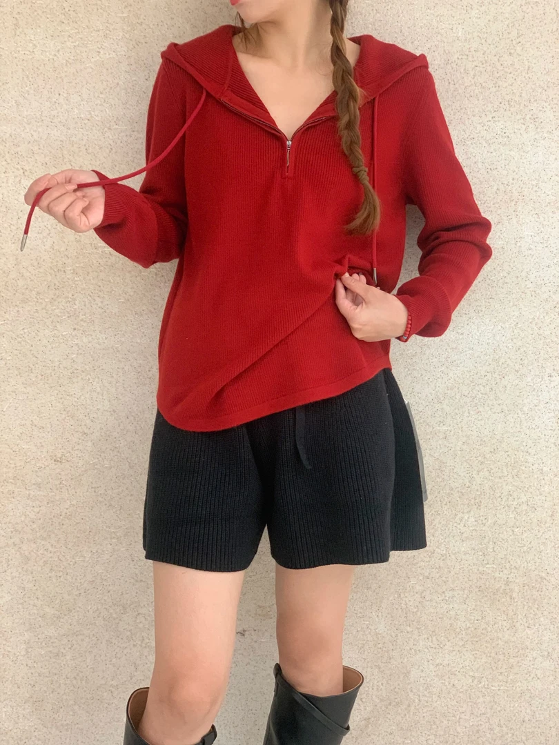 2024设计师款半拉链连帽针织开衫百搭减龄穿搭