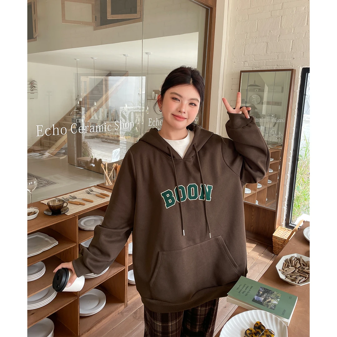 美式复古卫衣秋季简约印花胖mm连帽宽松卫衣慵懒风上衣