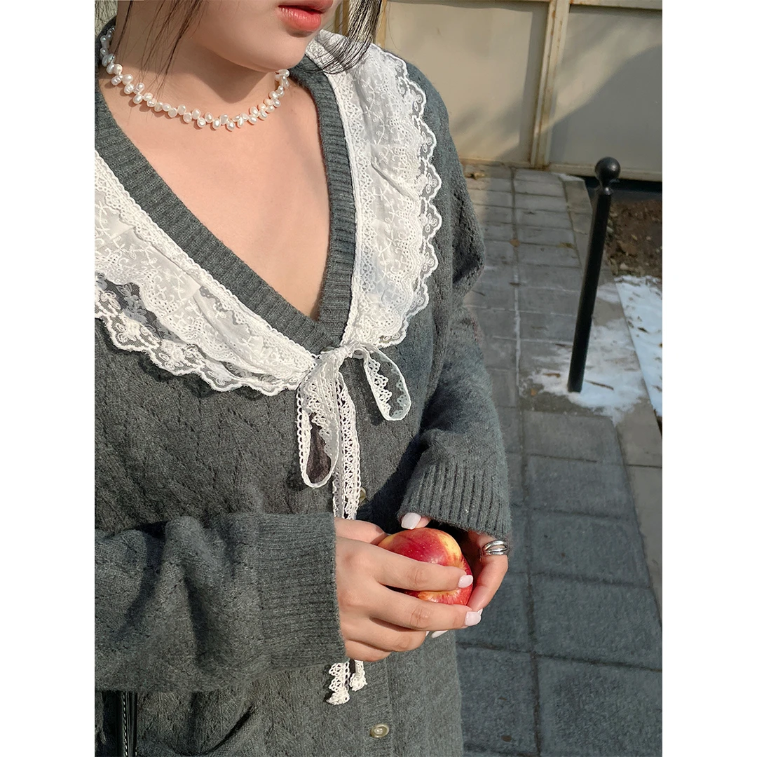 【现现专场】秋冬慵懒可爱针织开衫甜美蕾丝外套日系温柔娃娃领毛衣
