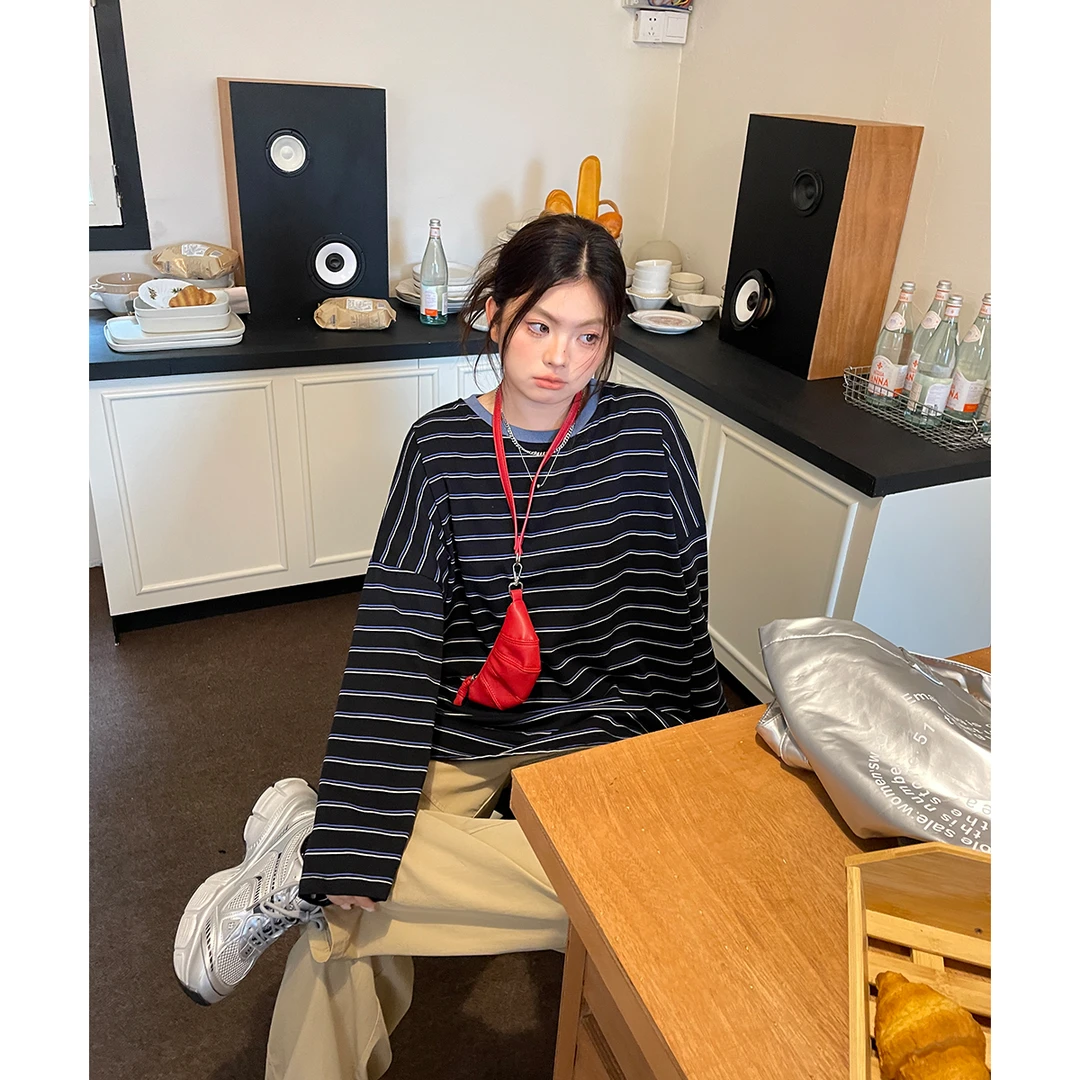 【现现专场】大码港风复古条纹少长袖T恤春秋新款胖mm巨显瘦上衣