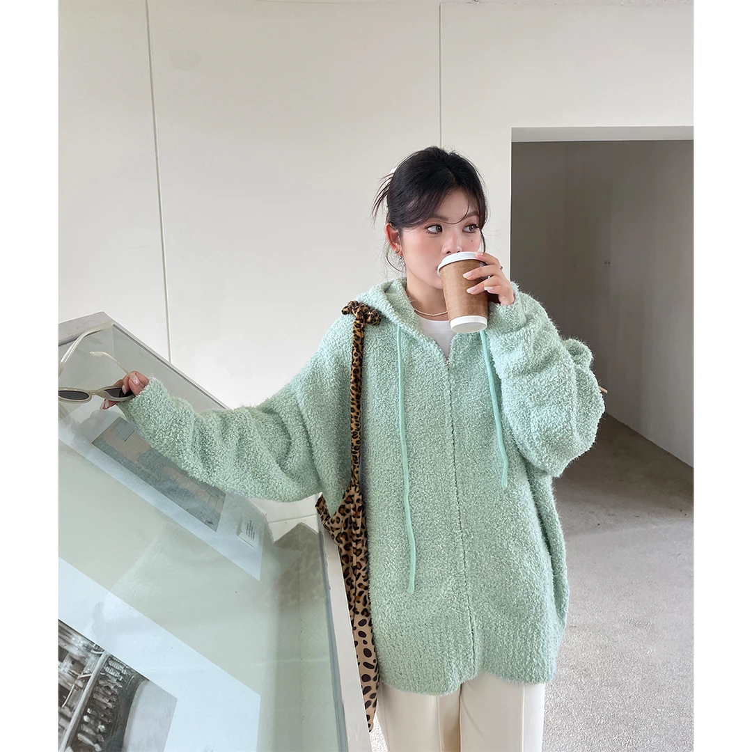 【现现专场】韩系氛围感连帽外套秋冬新款奶fufu慵懒风宽松针织开衫