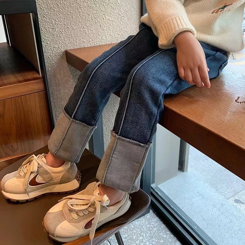 女童加绒牛仔裤秋冬季新款韩版儿童一体绒裤子女宝宝修身直筒裤潮