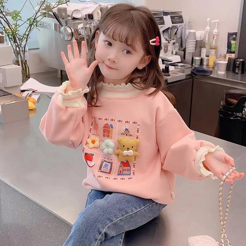 女童加绒卫衣秋冬季2024新款儿童洋气木耳边半高领中大童加厚上衣