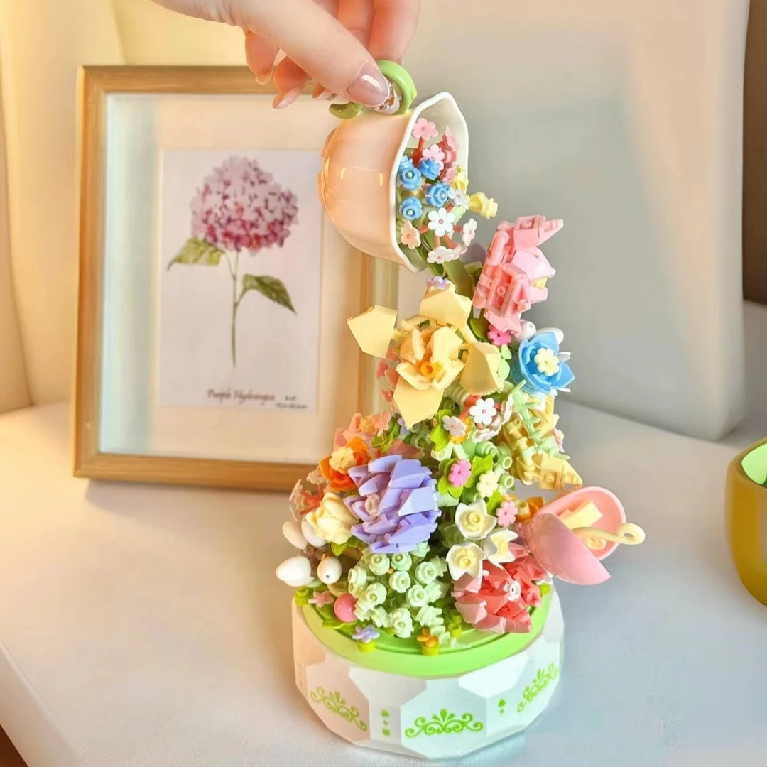 森宝积木花颜茶语音乐盒拼装永生花积木摆件表白女生闺蜜生日礼物