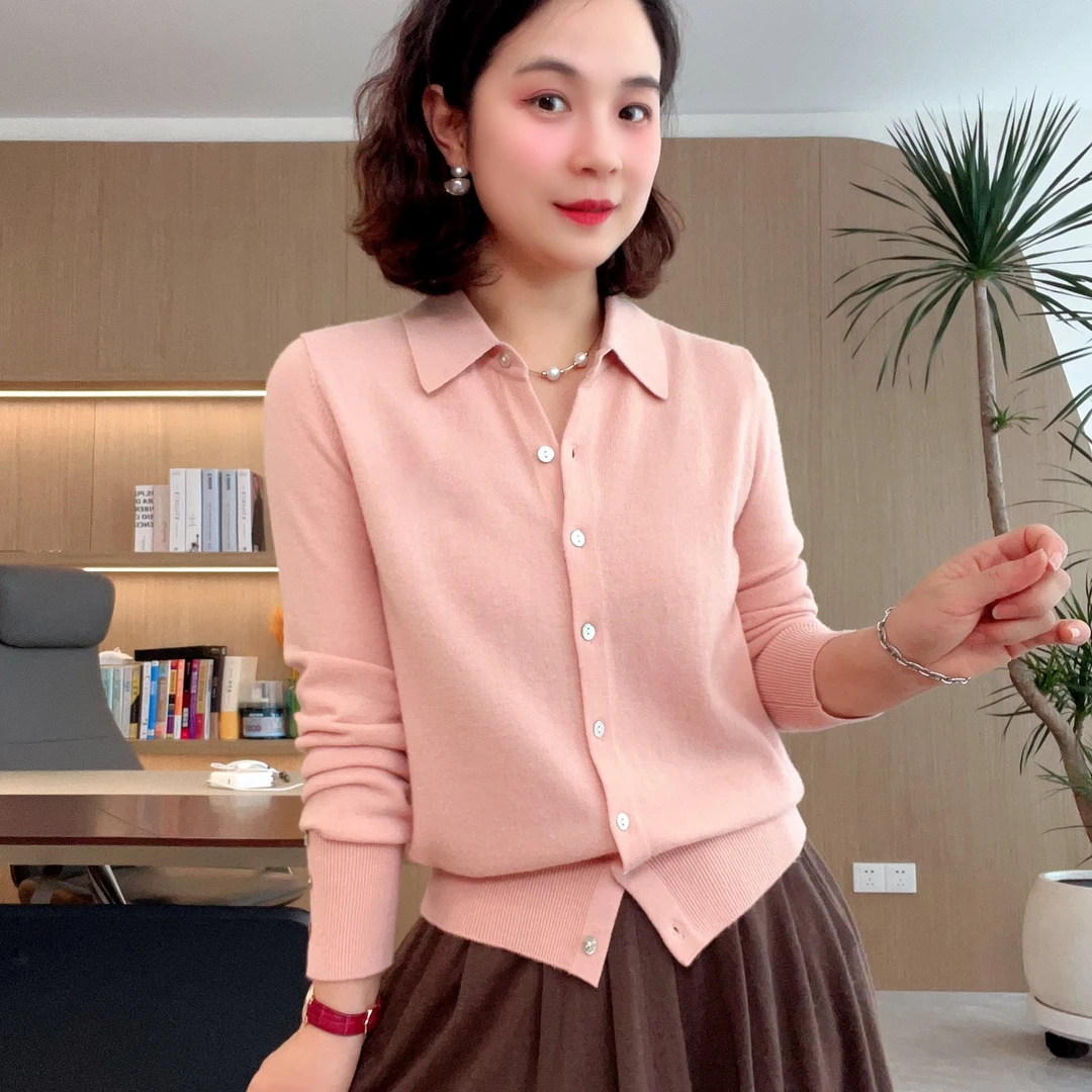 长袖翻领下摆收腰设计款羊毛衫#GT7901针织衫上衣小开衫