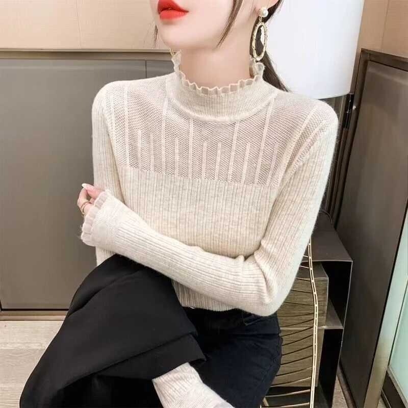 346#【钢琴--杏色】网红春秋针织打底衫上衣女士气质显瘦百搭爆款