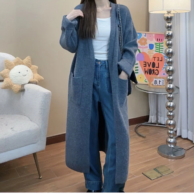 【主播专属】慵懒感过膝中长款针织开衫宽松纯色有口袋毛衣外套