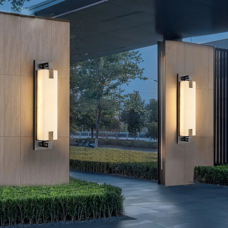 全铜仿云石户外防水新中式壁灯长条别墅客厅大气走廊装饰