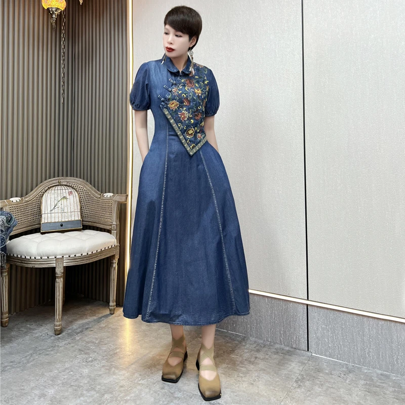 【可可原创】2024新款中国风手工盘扣牛仔裙复古刺绣连衣裙A82597