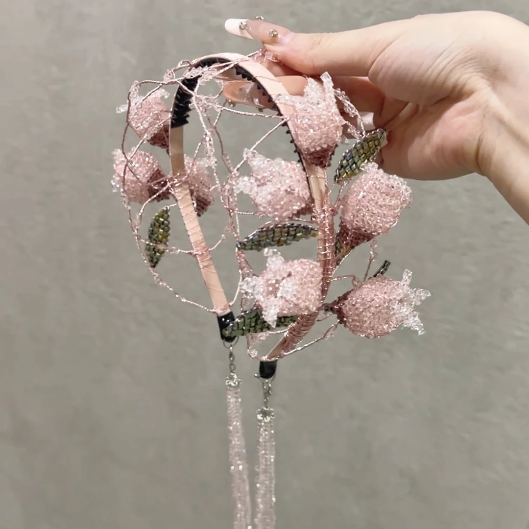 茜子风系列高定粉色郁金香发箍网红发饰头饰