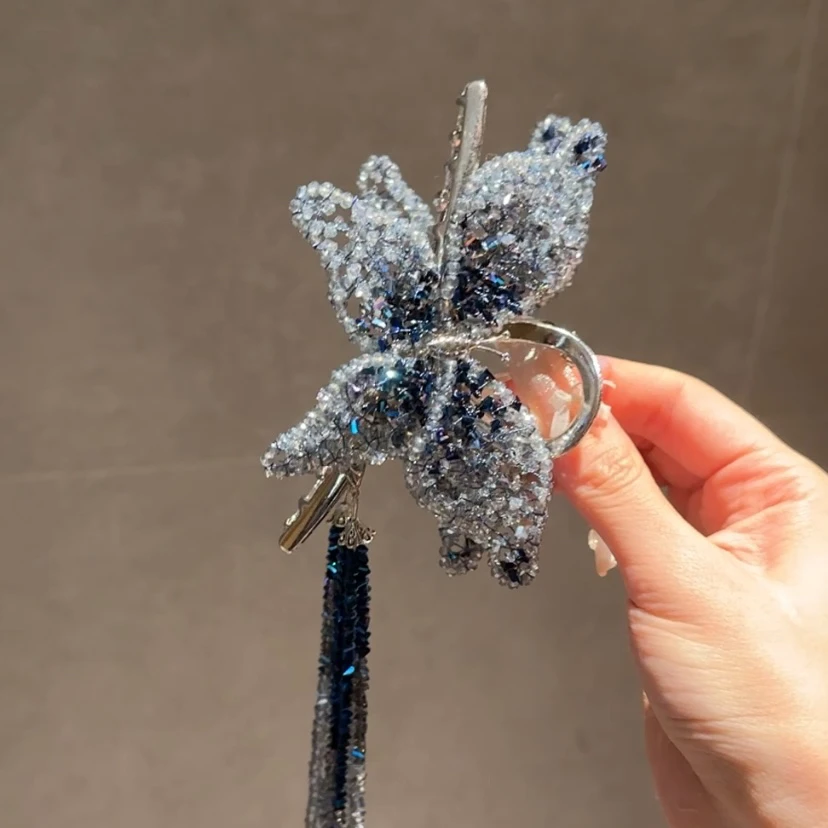 茜子风系列高定蓝双蝴蝶流苏抓夹网红发饰头饰