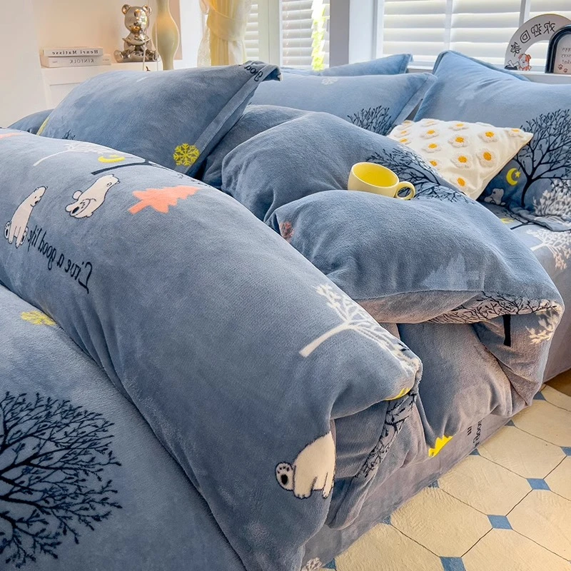 冬季牛奶绒床上用品四件套法兰珊瑚绒双面加绒床单被套床笠三件套