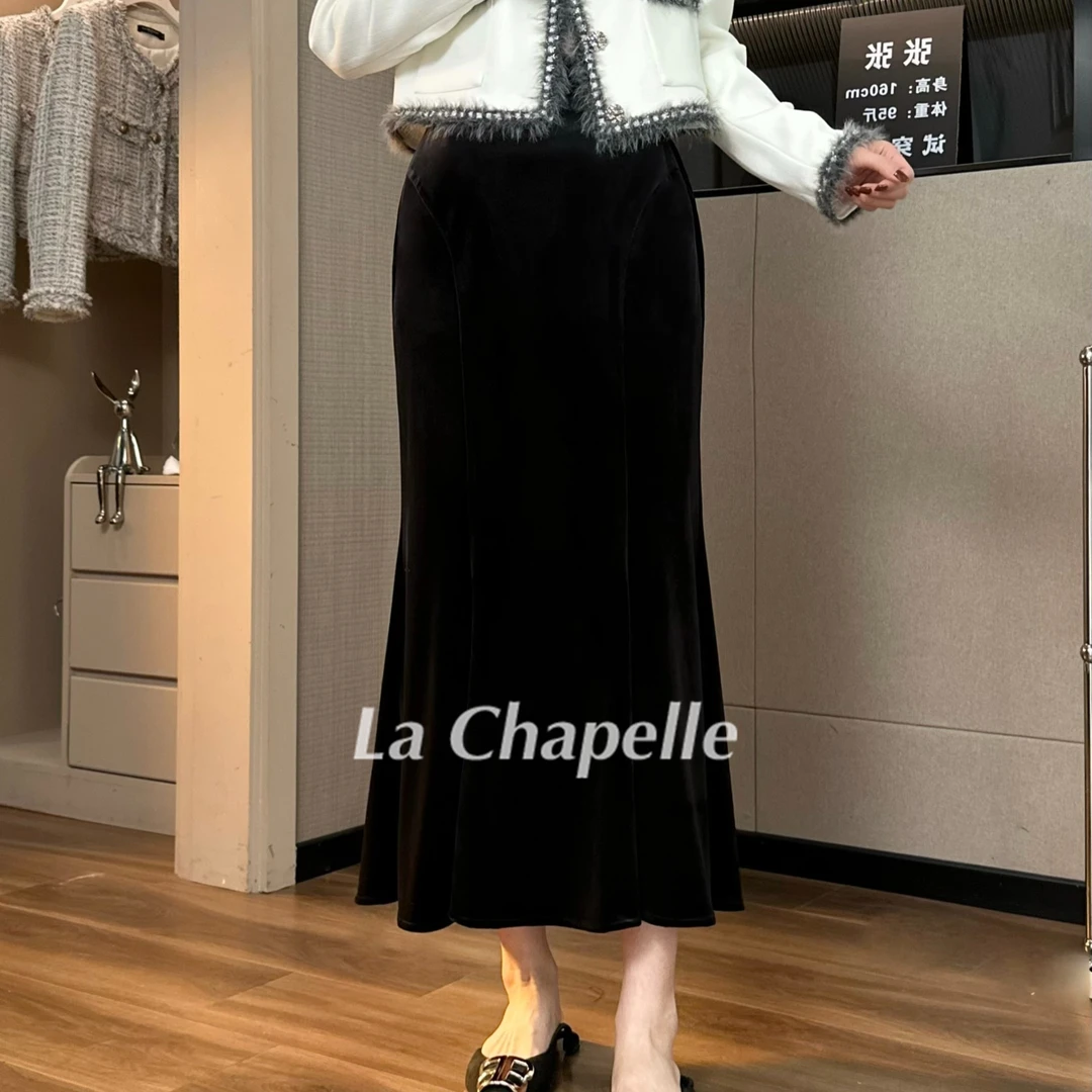 拉夏贝尔25年现货清仓时尚气质高腰黑色丝绒半身裙 9316 RQC