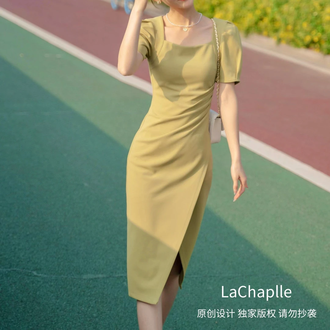 拉夏贝尔25现货清仓款复古修身清凉方领纯色a字连衣裙6593 RQC