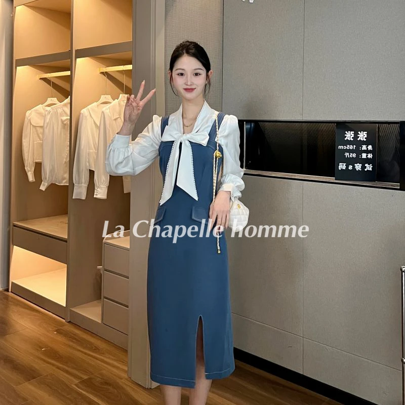 拉夏贝尔25现货青苍设计感背带时尚韩版气质牛仔背带裙 8006 SQC