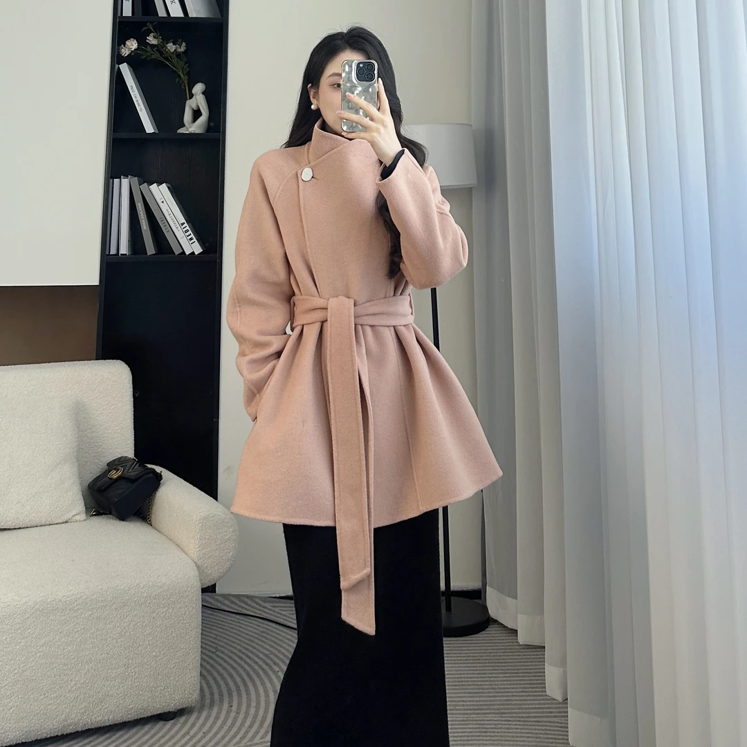 拉夏贝尔25春加厚保暖优雅立领显瘦双面羊毛大衣毛呢 7543 RQC