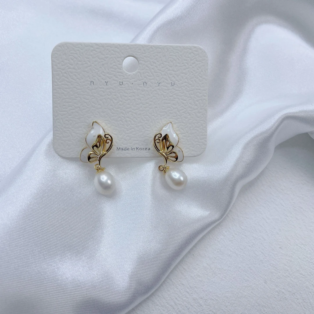 天然淡水珍珠A254#10-11M近圆白蝴蝶珍珠耳钉时尚