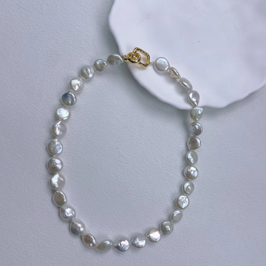 天然淡水珍珠3047#11-12M巴洛克白纽扣珍珠项链100%正品珍珠项链