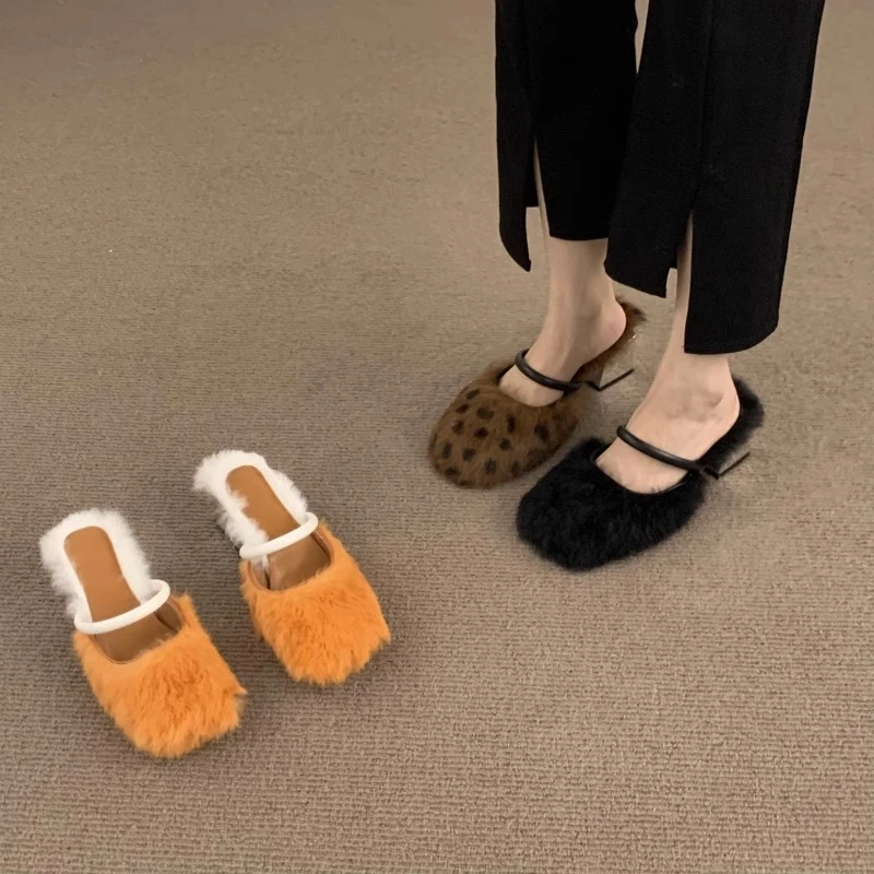设计感小众豹纹包头半拖毛毛鞋女外穿懒人一脚蹬加绒粗跟穆勒鞋子