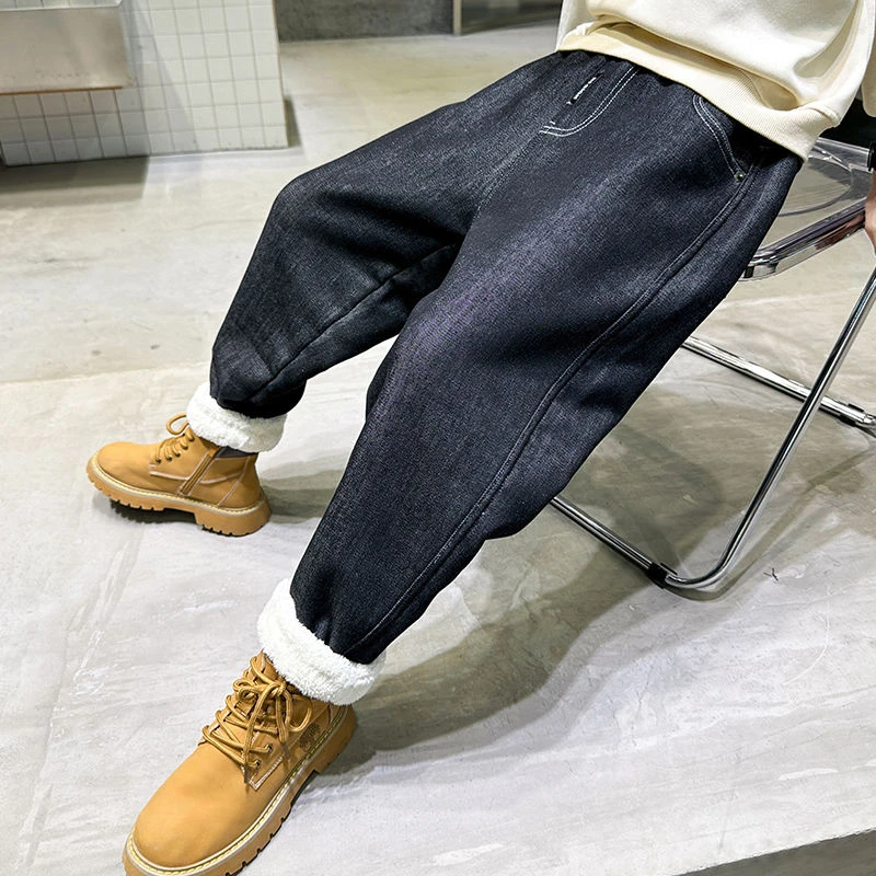 男童加绒牛仔裤子保暖儿童冬季一体长裤中大童加厚一条过冬洋气