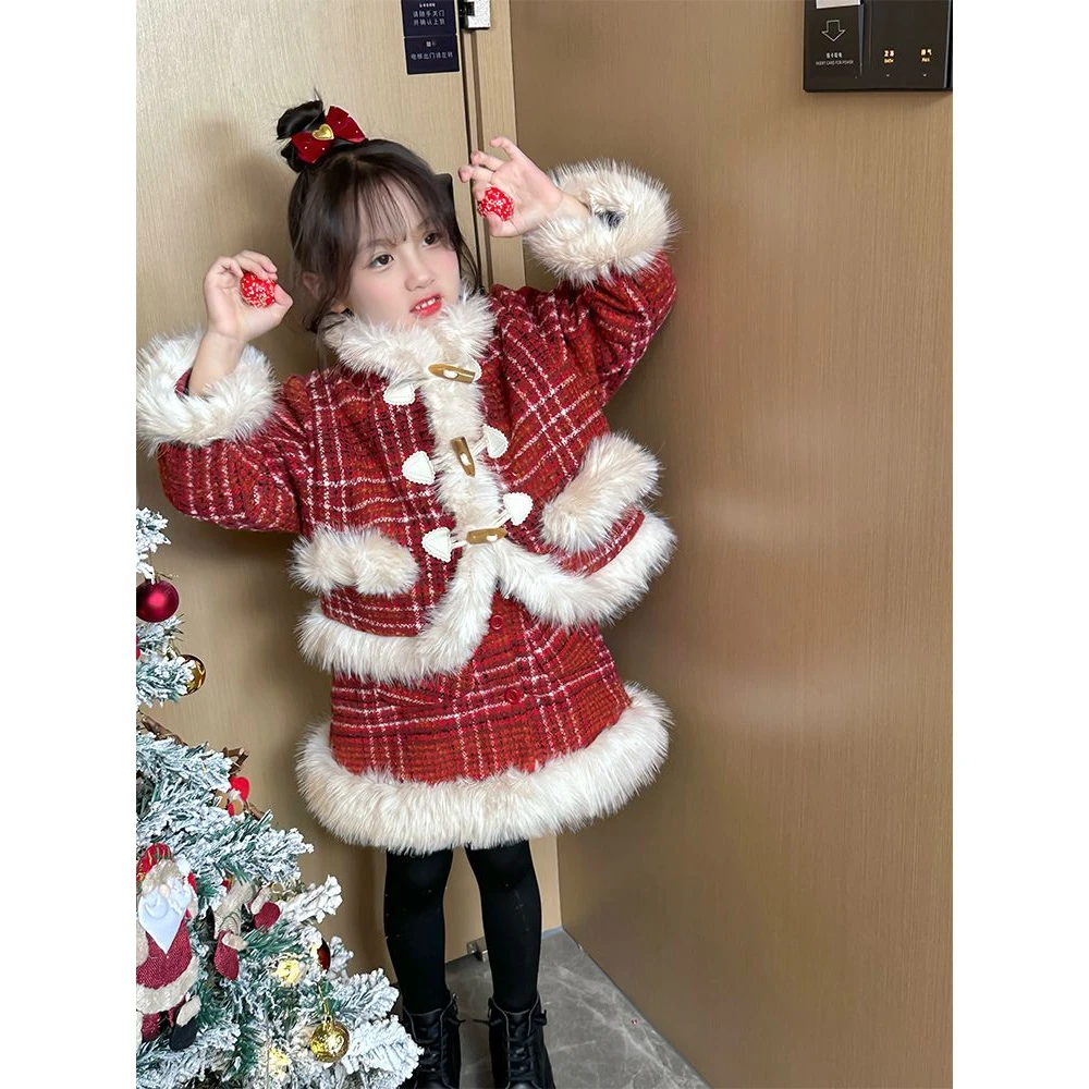 女童冬季套装2024新款儿童洋气加厚外套背心裙两件套红色拜年服